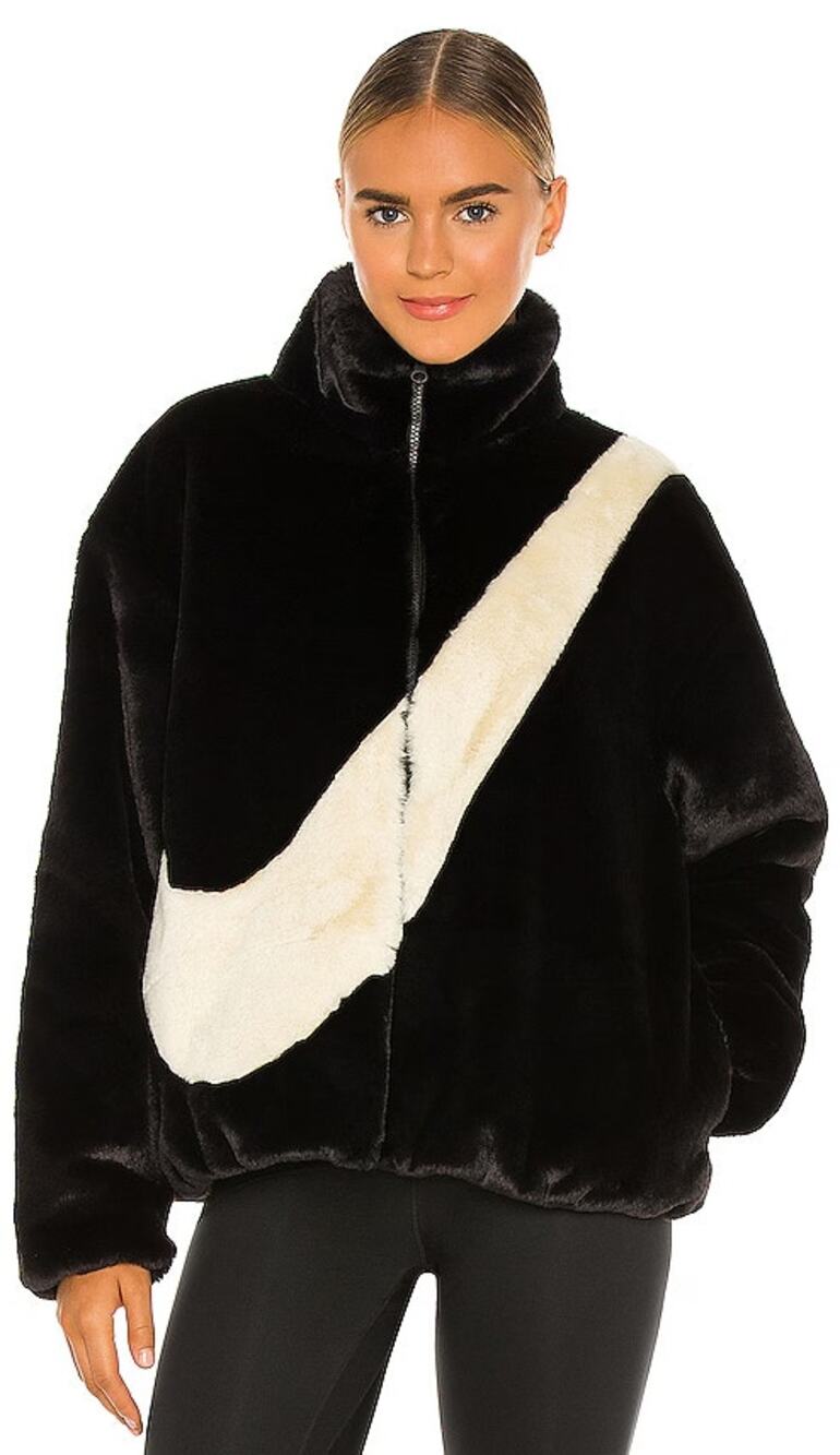 Nike NSW Plush Black Swoosh Check Faux Fur Teddy Oversized Jacket XS